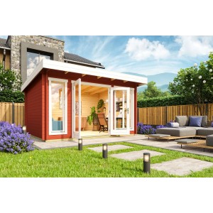 Lasita Gartenhaus Dorset 2, schwedenrot, mit Fenster und Doppeltür im Garten.