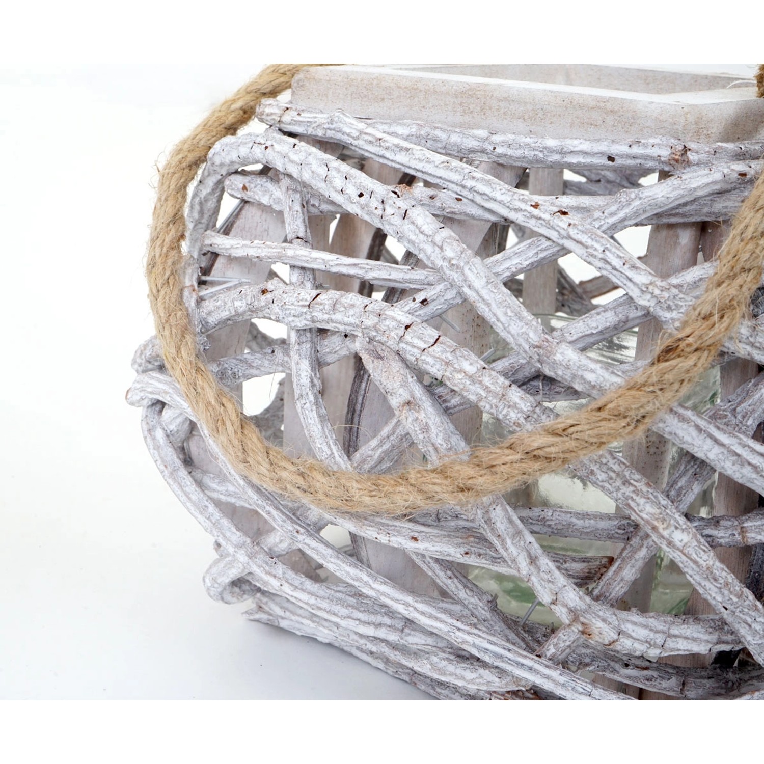 Windlicht aus Holz, 40cm hoch, mit Glaseinsatz und Juteseil zum Aufhängen. Weihnachtsdekoration.