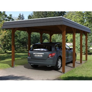 Skan Holz Carport Spreewald, Nussbaum, mit Auto. Einzelcarport mit EPDM Dach und schwarzer Blende.