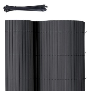 Anthrazit PVC Sichtschutzmatte gerollt mit Kabelbindern. Stabiler Sichtschutzzaun für Balkon & Garten.