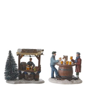 Luville Weihnachtsdekoration: beleuchteter Bierstand mit Verkäufer und Figuren, die Bier trinken. Detailreiche Szenerie.