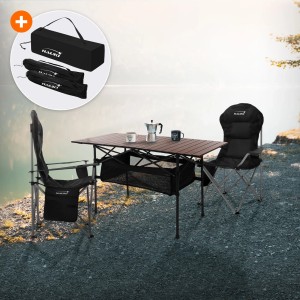 Hauki Campingmöbel Set, 3-teilig: Klapptisch braun mit 2 Stühlen schwarz, inkl. Tragetaschen.