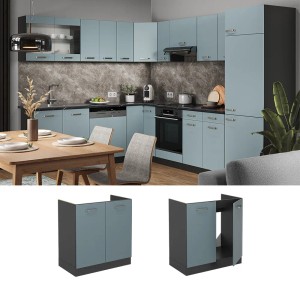 Vicco Spülenunterschrank R-Line, blau-grau/anthrazit, 80 cm breit, mit Arbeitsplatte.