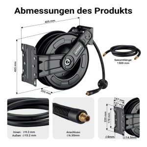 Wiltec Druckluft Schlauchtrommel, schwarz, mit Maßen 405x465x205mm. Zeigt 15m Schlauch, Anschlüsse und Montagehalterung.