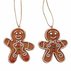 2 braune Lebkuchenmann-Weihnachtsanhänger (6,5 cm) mit weißer Zuckerglasur und Aufhänger.