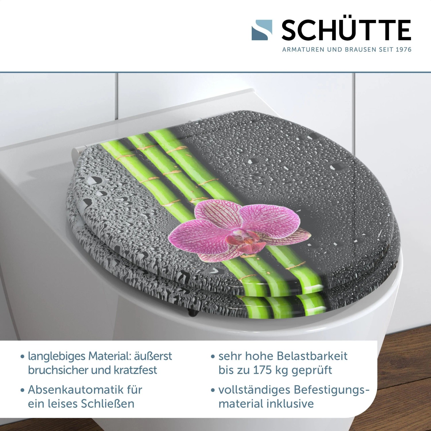 Schütte WC-Sitz Asia mit Holzkern, Absenkautomatik, Bambus- und Orchideen-Motiv.