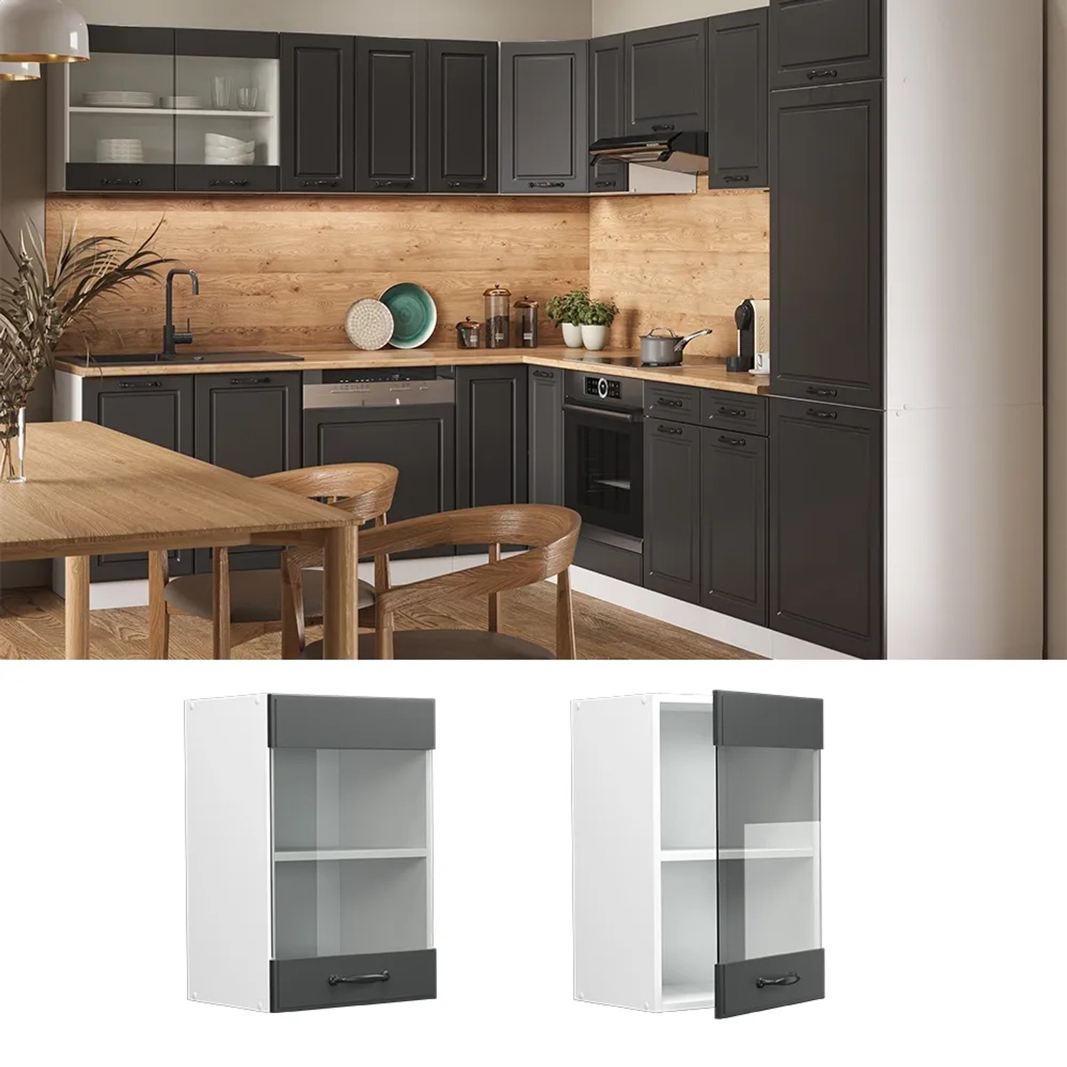 Vicco Küchenglasschrank R-Line, Hängeschrank in Anthrazit/Weiß, 40 cm breit.