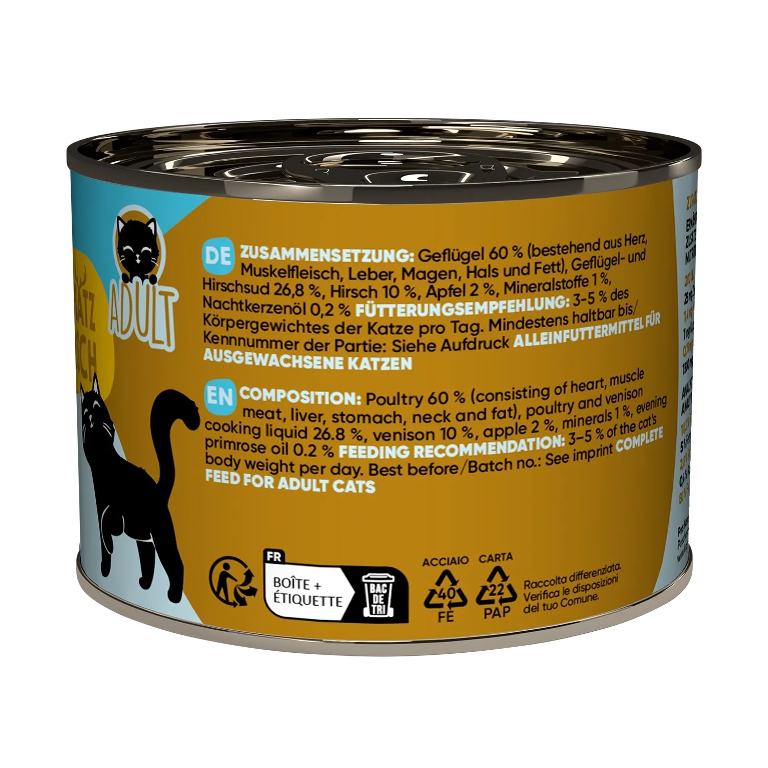 Lucky Lou Katzen-Nassfutter Adult, Geflügel & Hirsch, 200g Dose.
