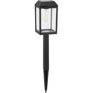 Schwarze Solar-LED-Wegeleuchte Pandino im Laternen-Design, 50cm hoch, mit Erdspieß für Garten und Terrasse.