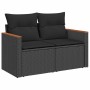 Schwarze 5-tlg. Garten-Sofagarnitur aus Rattan mit Kissen und Akazienholz-Akzenten.