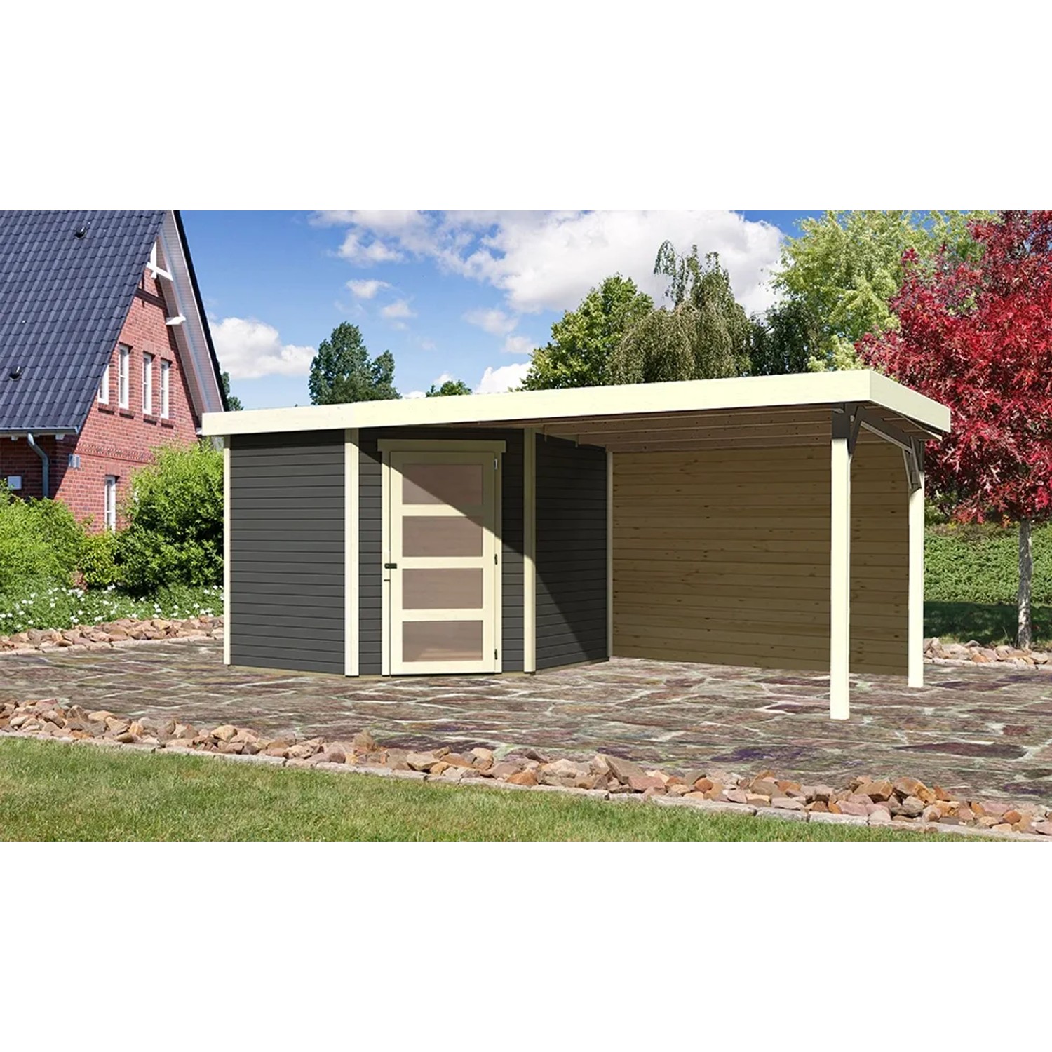 Terragraues Karibu Holz-Gartenhaus Linköbing mit Flachdach und Anbau.