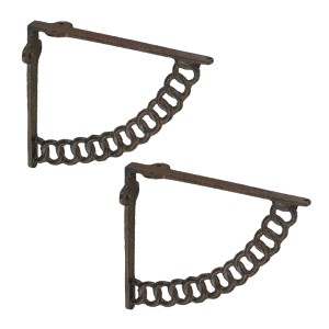 Zwei rustikale Regalträger aus braunem Gusseisen im Ketten Design für stabile Wandregale.