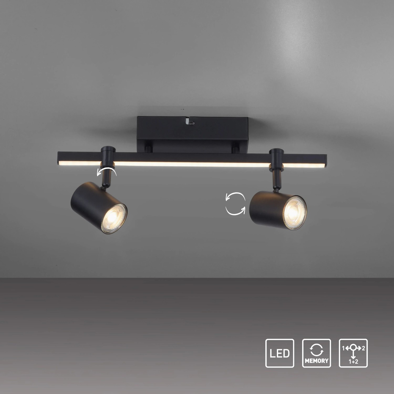 Schwarze Paul Neuhaus Barik LED Deckenleuchte mit 2 schwenkbaren Spots und LED-Leiste.