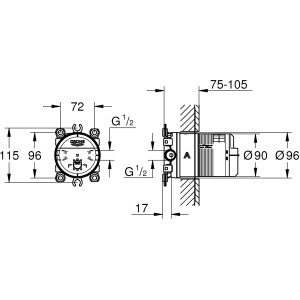 Technische Zeichnung: Grohe Rainshower Universal Unterputz-Einbaukörper 1/2, Maße und Details.