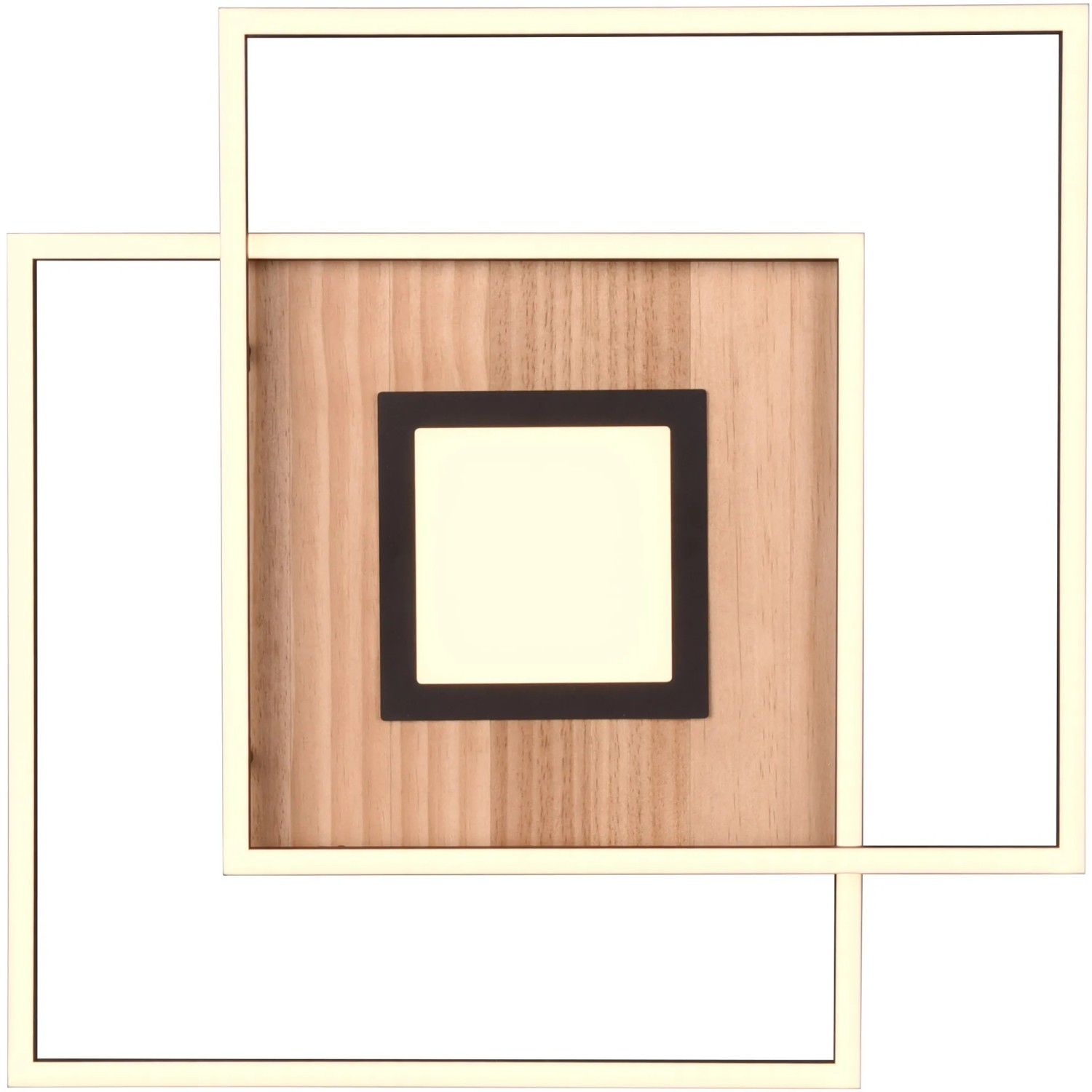 Moderne Trio LED Deckenleuchte Via in Holzoptik mit schwarzem Rahmen und Fernbedienung.