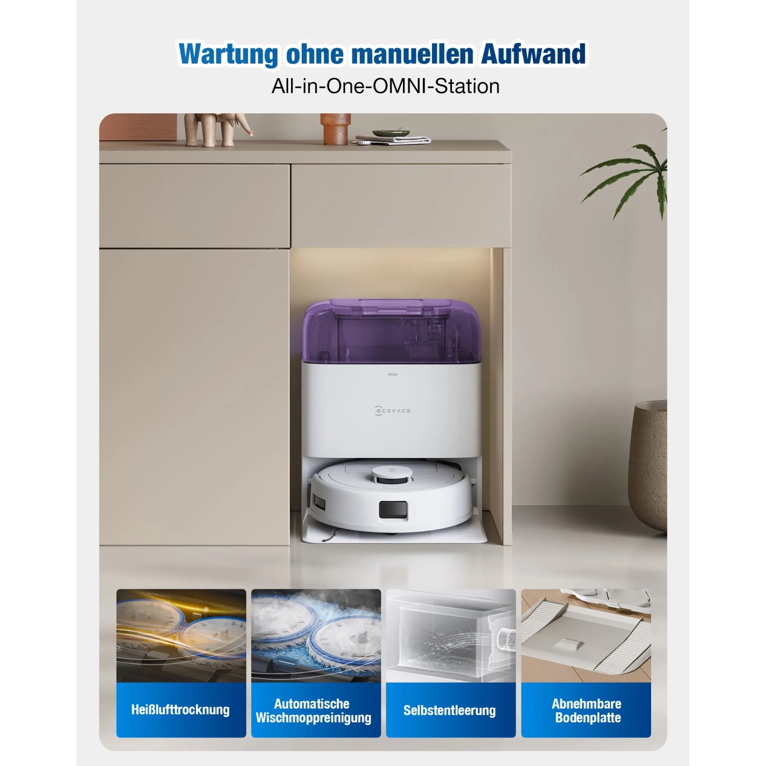 ECOVACS DEEBOT Mini Saug- und Wischroboter mit OMNI-Station zum automatischen Entleeren und Reinigen.