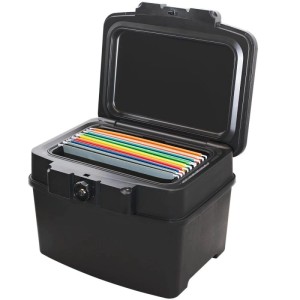 Offene HMF feuerfeste, wasserdichte Dokumentenbox schwarz mit bunten Hängeregistern für DIN A4 und Schloss.