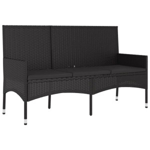 Schwarze vidaXL Gartenbank aus Rattan mit Kissen, Teil eines 4-tlg. Lounge-Sets.