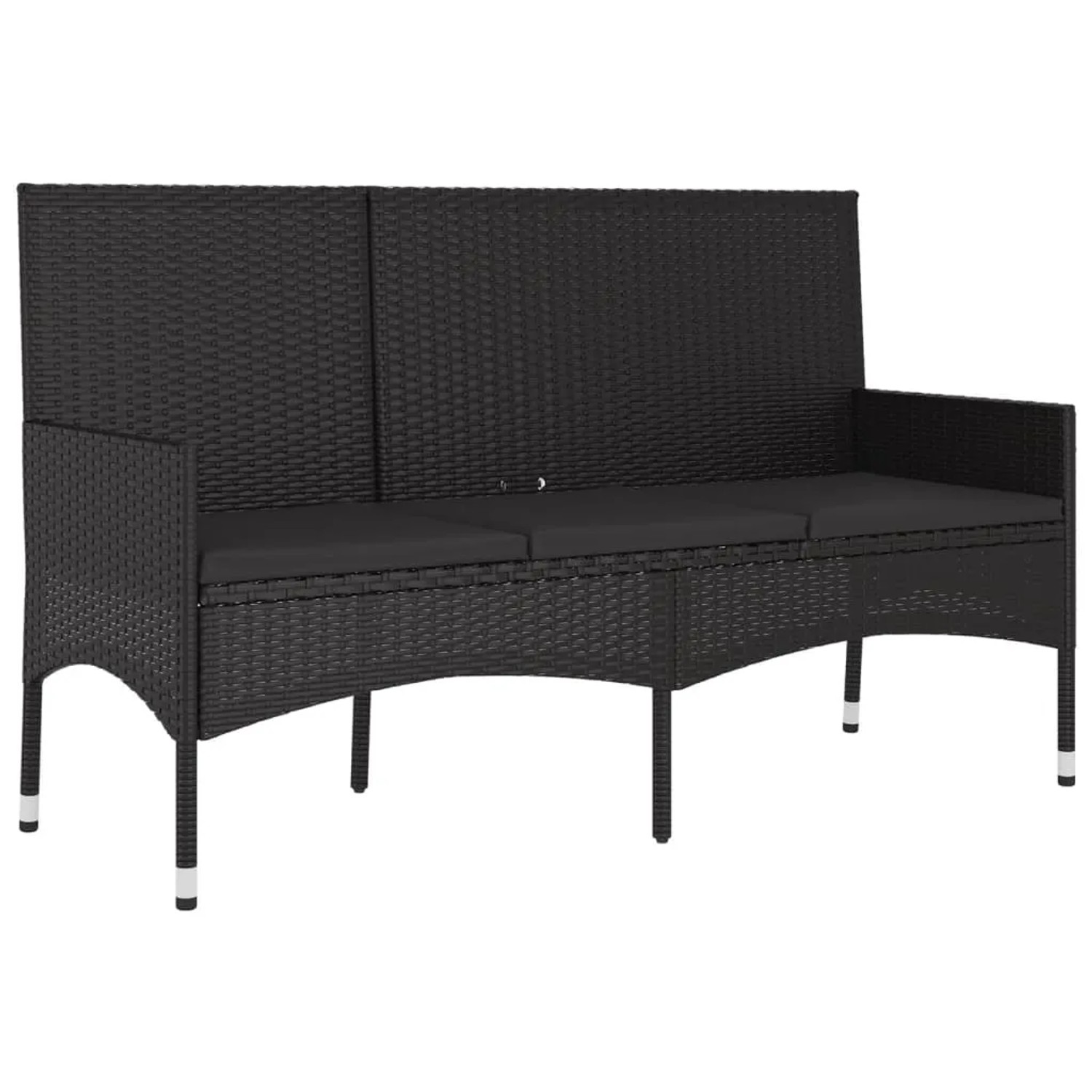 Schwarze vidaXL Gartenbank aus Rattan mit Kissen, Teil eines 4-tlg. Lounge-Sets.