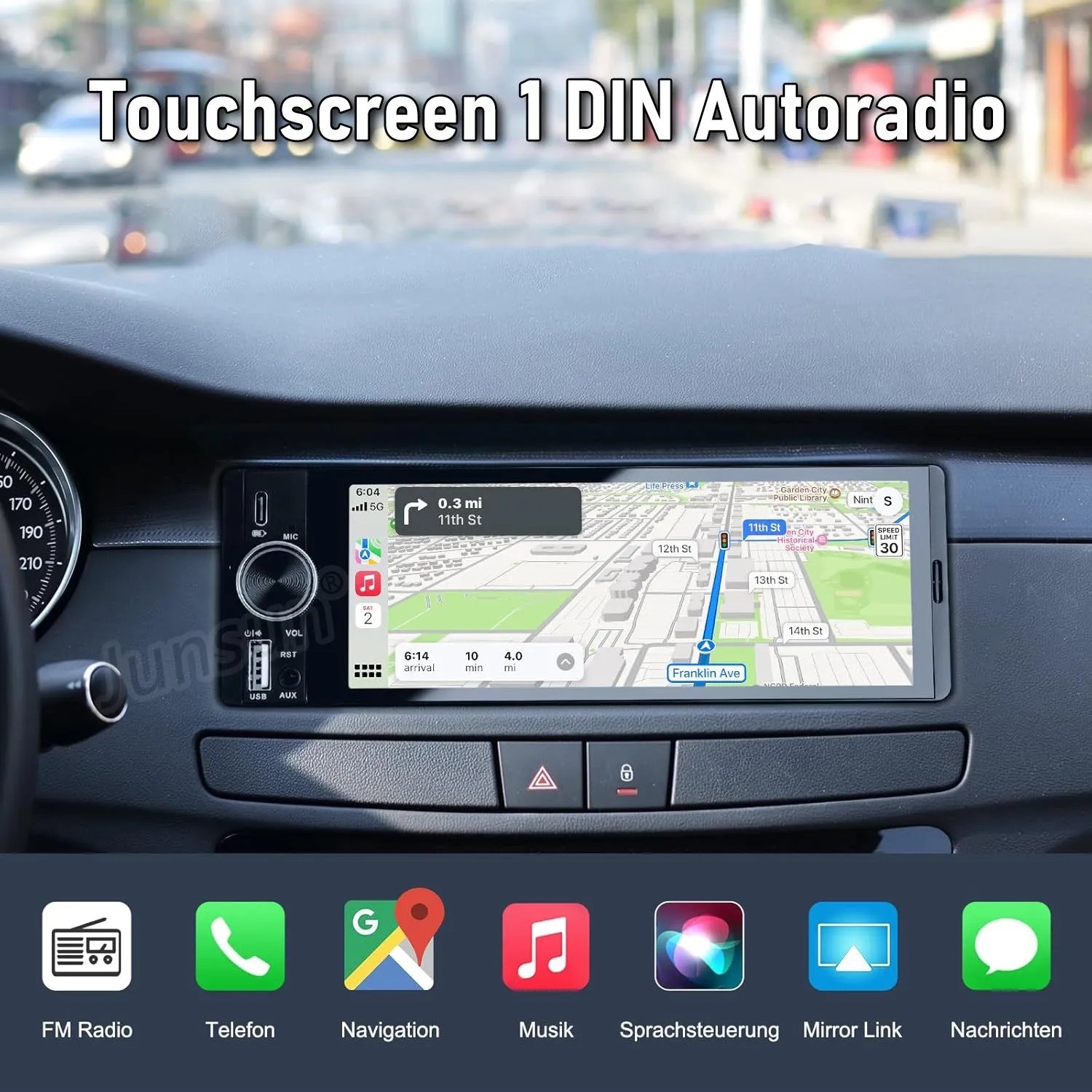 Junsun 6.3 Zoll 1 DIN Autoradio mit Touchscreen im Armaturenbrett, zeigt Navigation. Unterstützt CarPlay & Android Auto.