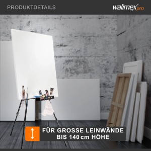 Walimex Pro Aluminium Staffelei mit weißer Leinwand und Malutensilien, höhenverstellbar für Leinwände bis 140 cm.