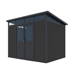 Anthrazitfarbenes Weide Gartenhaus aus Aluminium mit Doppeltür. Wetterfestes Gerätehaus für den Garten.