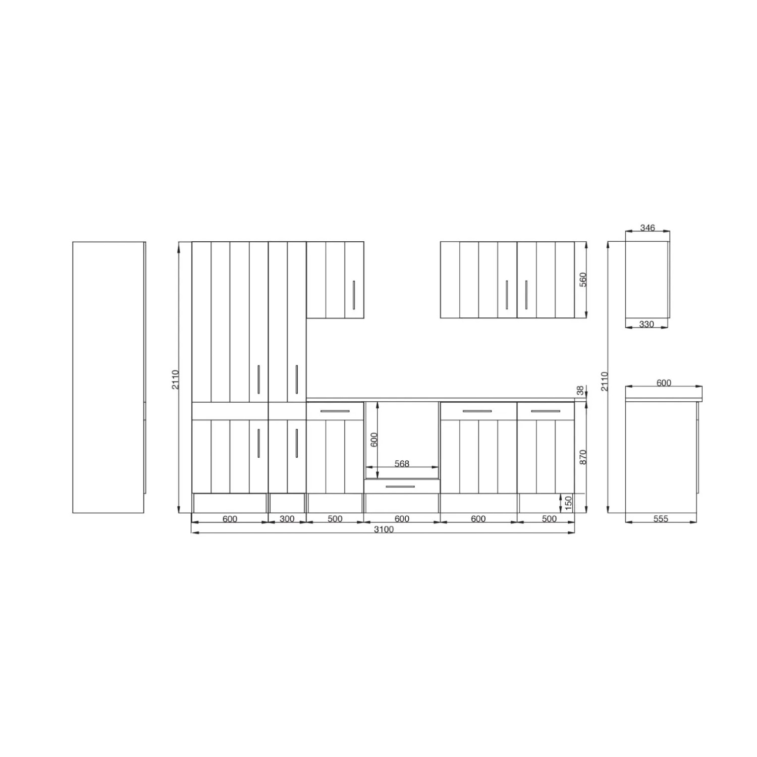 Skizze der Respekta Premium Landhausküche 310 cm in Lärche Weiß matt mit Maßen.