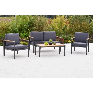 Merxx Kavos Lounge-Set: Gartenmöbel aus Aluminium mit Holzoptik, bestehend aus Sesseln, Bank und Tisch.