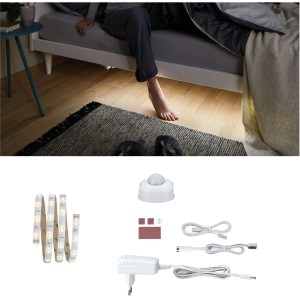 Paulmann LED-Strip Night Comfort Set 1m unter Bett mit Zubehör wie Sensor und Netzteil.
