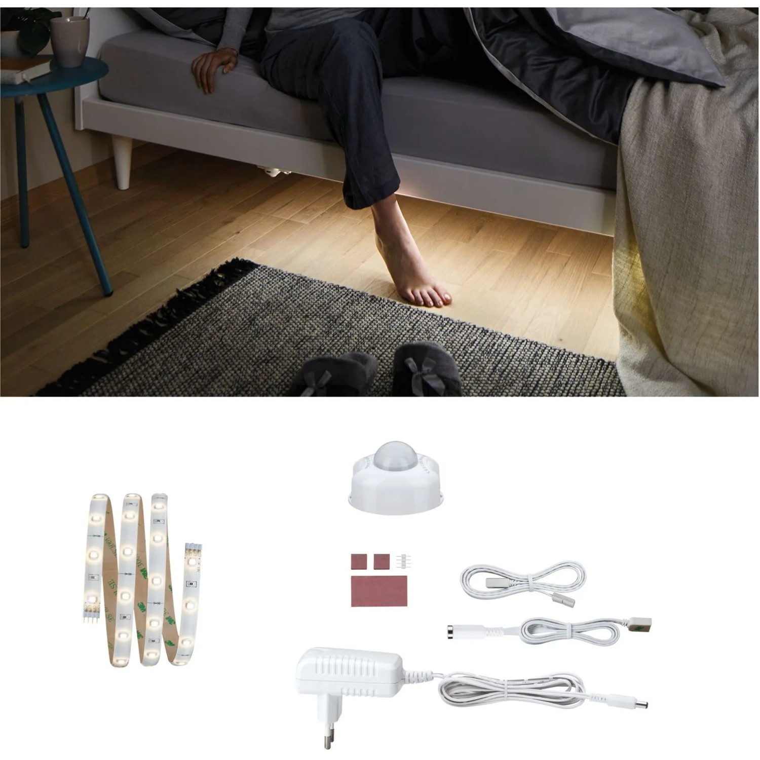 Paulmann LED-Strip Night Comfort Set 1m unter Bett mit Zubehör wie Sensor und Netzteil.