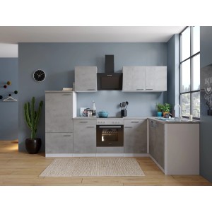 Respekta L-Küche Malia mit E-Geräten, 280 cm, Betonfronten. Inkl. Herd, Spüle, Kühlschrank und Geschirrspüler.
