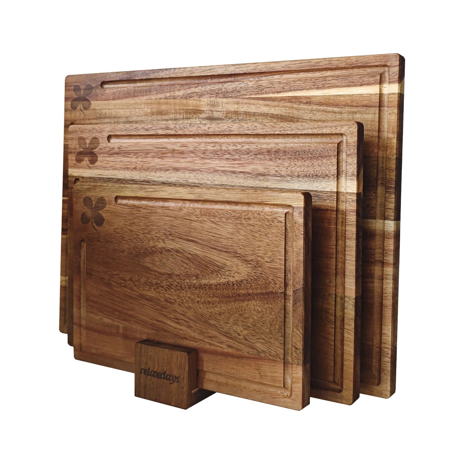 Relaxdays Schneidebrett Set Akazienholz Braun Rutschfest mit Ständer 40 cm x 30 cm x 1,5 cm