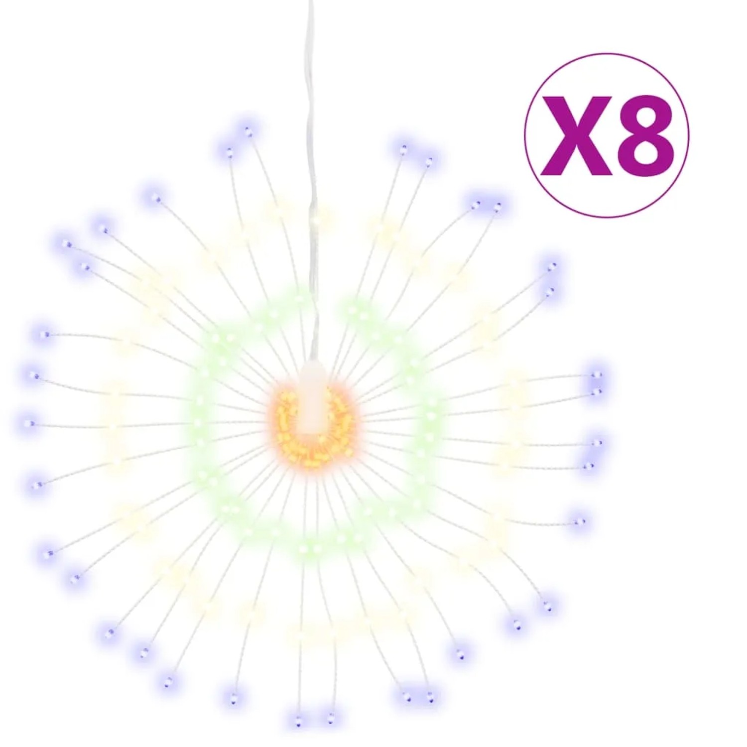 8er Set mehrfarbige LED Feuerwerk Lichterketten für Außen, 140 LEDs pro Stück.