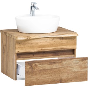 Held Möbel Einzelwaschtisch Trient, 61 cm, Eiche Natur Matt, mit weißem Aufsatzwaschbecken und offener Schublade.