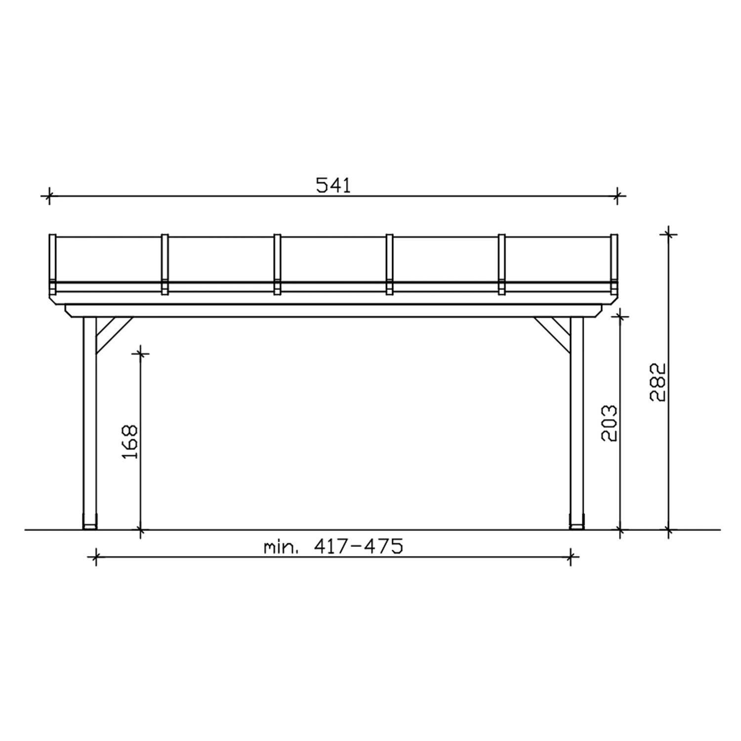 Technische Zeichnung der Skan Holz Terrassenüberdachung Ancona, Maße 541 x 350 cm.