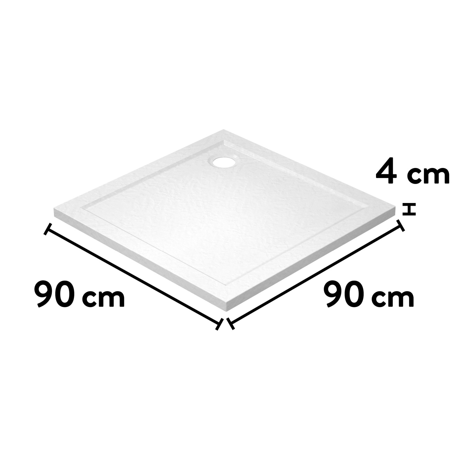 Quadratische, weiße baliv Duschwanne in Steinoptik, 90x90 cm.