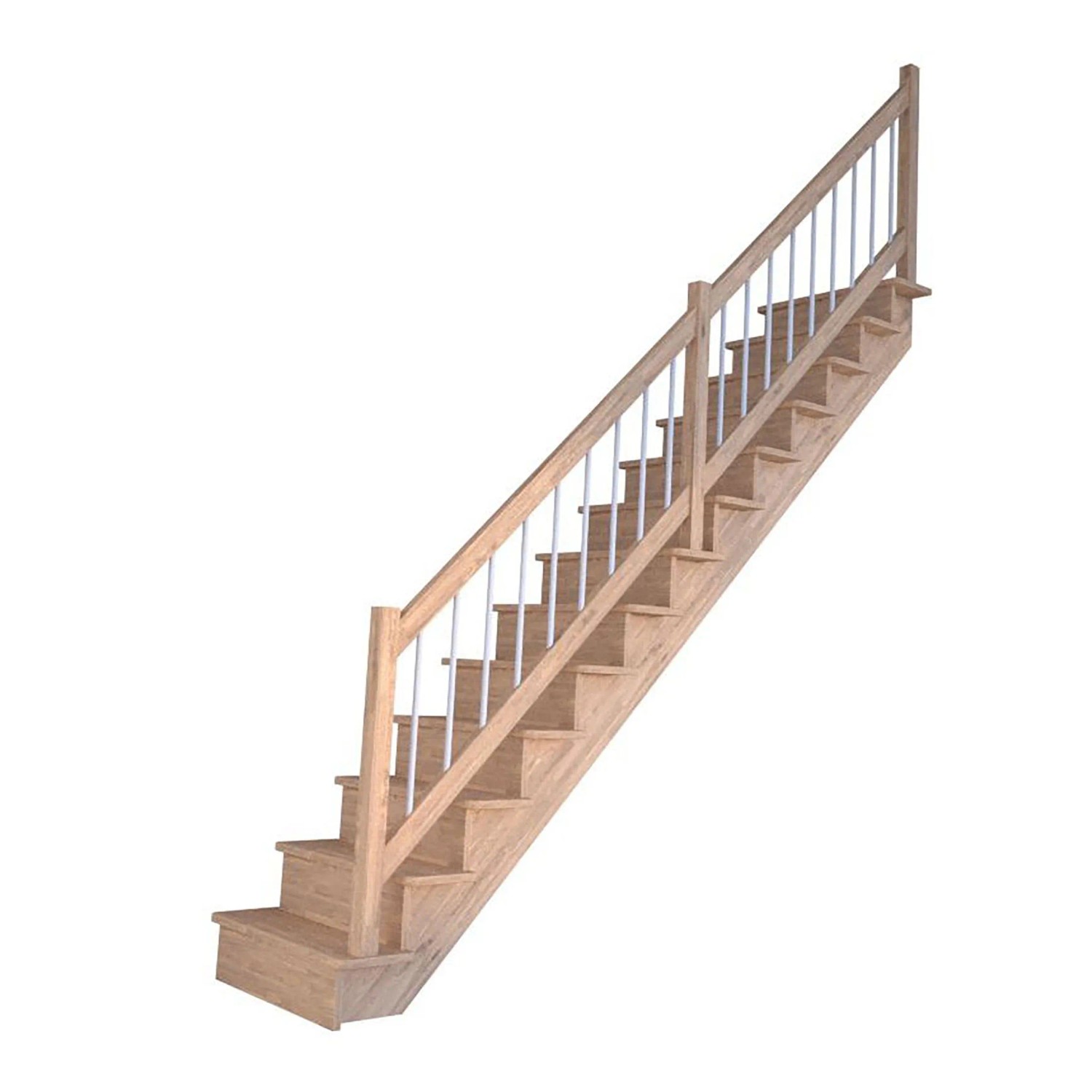 Gerade Eichentreppe Lindos mit Setzstufen und weißem Holz-Edelstahl-Geländer, 80 cm breit. Innentreppe.