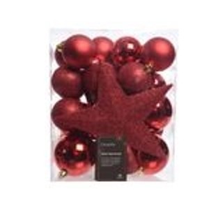 Rotes Set bruchfester Kaemingk Weihnachtsbaumkugeln und Stern, glänzend, matt und mit Glitzer, 33 Stück für festliche Deko.