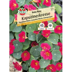 Samenpackung Sperli Kapuzinerkresse Baby Rose mit pinkfarbenen Blüten und grünen Blättern.