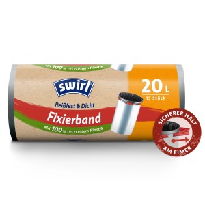 Swirl Fixierband-Müllbeutel, 20 l, 15 Stück. Müllbeutel mit Fixierband zum Verschließen und Tragen.
