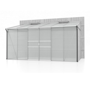 Vitavia Anlehn-Gewächshaus Ida 7800 mit Alu-Rahmen und Hohlkammerplatten an Hauswand.