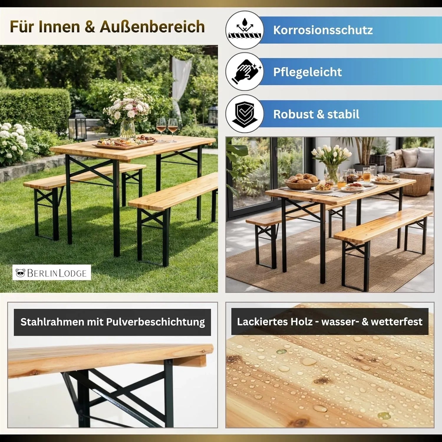 CHEFGASTRO Bierzeltgarnitur WIESN, 3-teilig mit lackiertem Holz und Stahlgestell, für Garten und Feste.