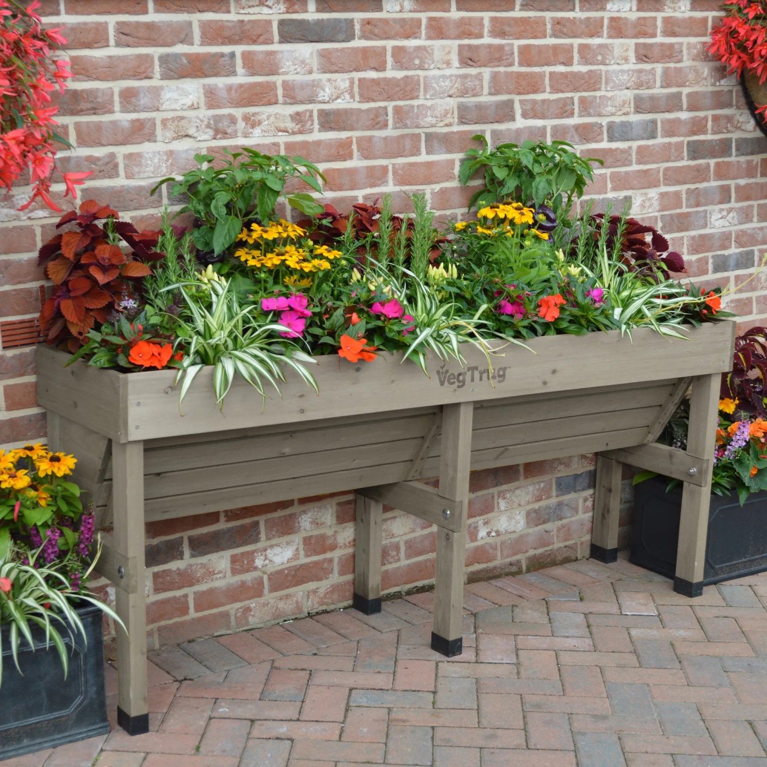 VegTrug Wallhugger Hochbeet, Greywash, 183 cm breit, bepflanzt mit bunten Blumen vor einer Ziegelwand.
