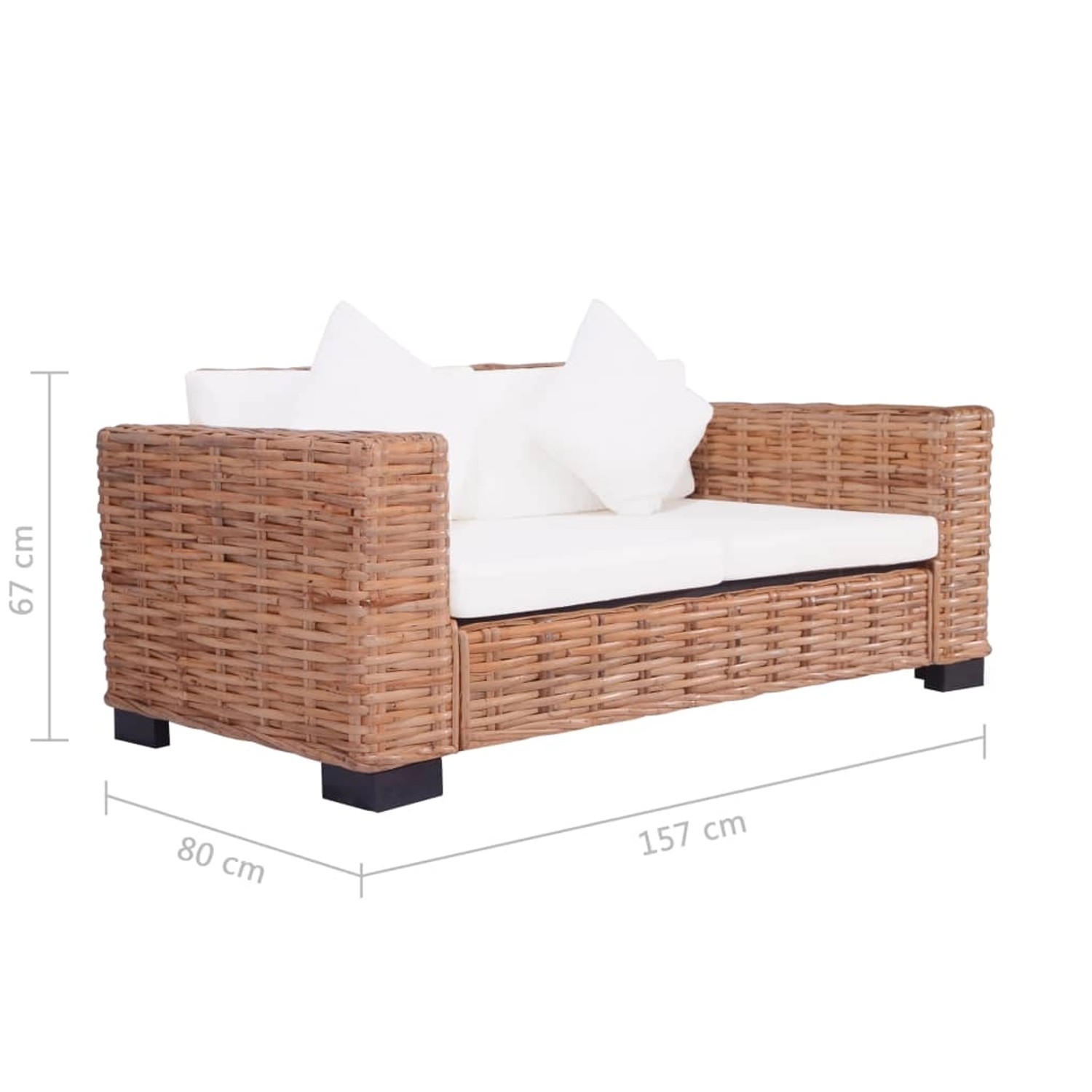 vidaXL Sofa-Set, 2-Sitzer, Rattan natur mit cremeweißen Polstern und Kissen.