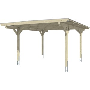 Weißer Skan Holz Carport Odenwald mit geraden Kopfbändern, 428x541cm.