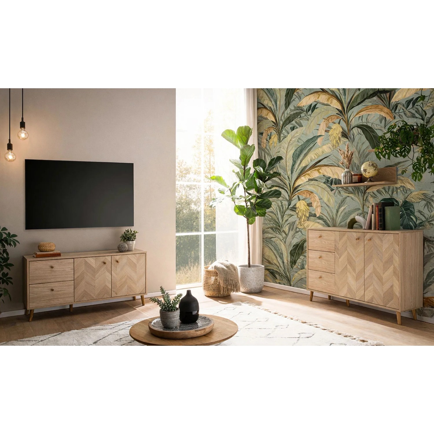 Schildmeyer Visby Möbel-Set: Sideboard und Kommode in Eiche Hell mit Fischgrät-Muster.