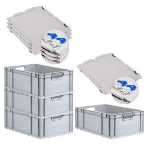 PROREGAL SuperSparSet: 4 graue Euroboxen mit Deckel und blauen Verschlüssen, 44 Liter.