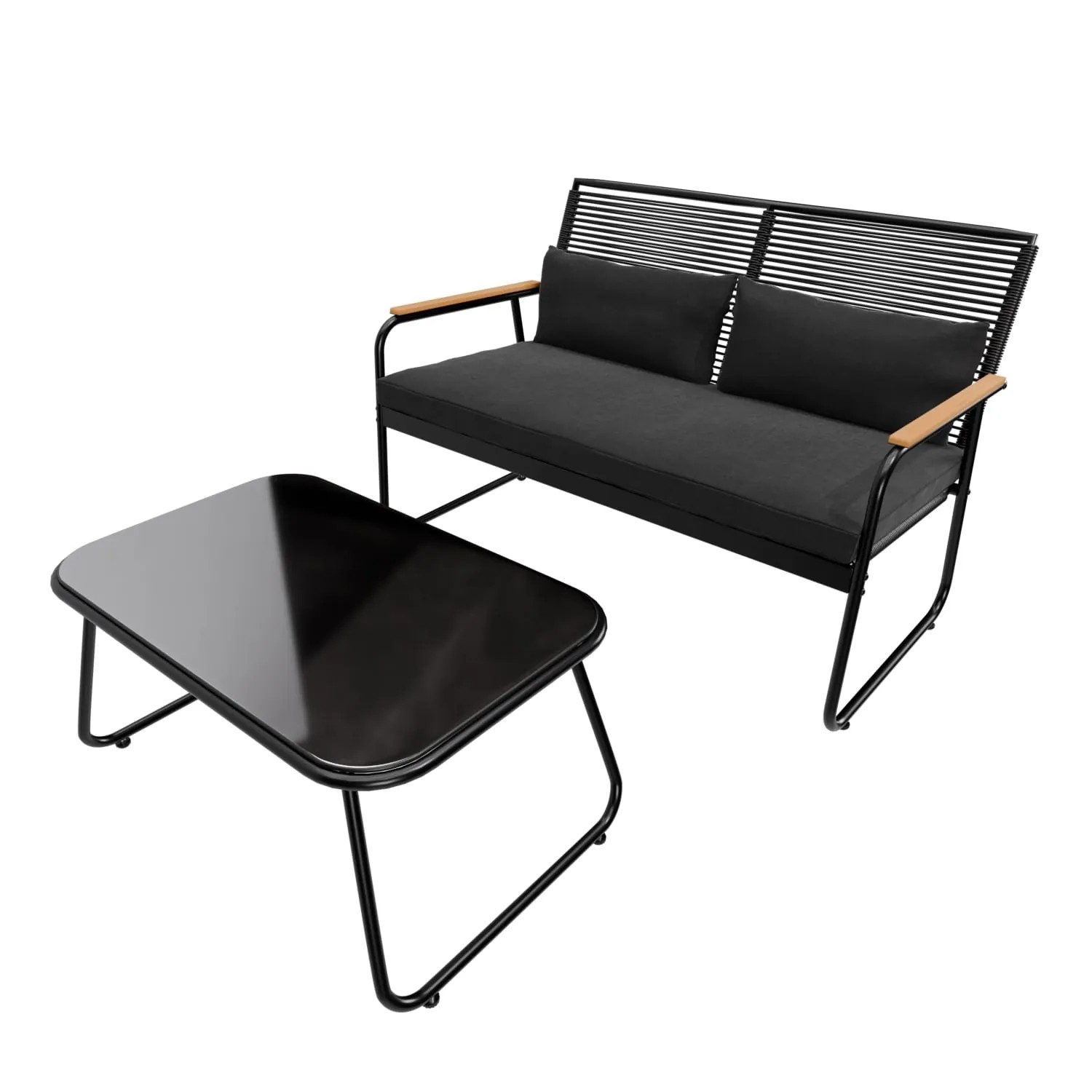 4-teiliges Polyrattan Gartenmöbel Set mit Sitzbank, Stühlen und Glastisch. Ideal für Terrasse und Garten.