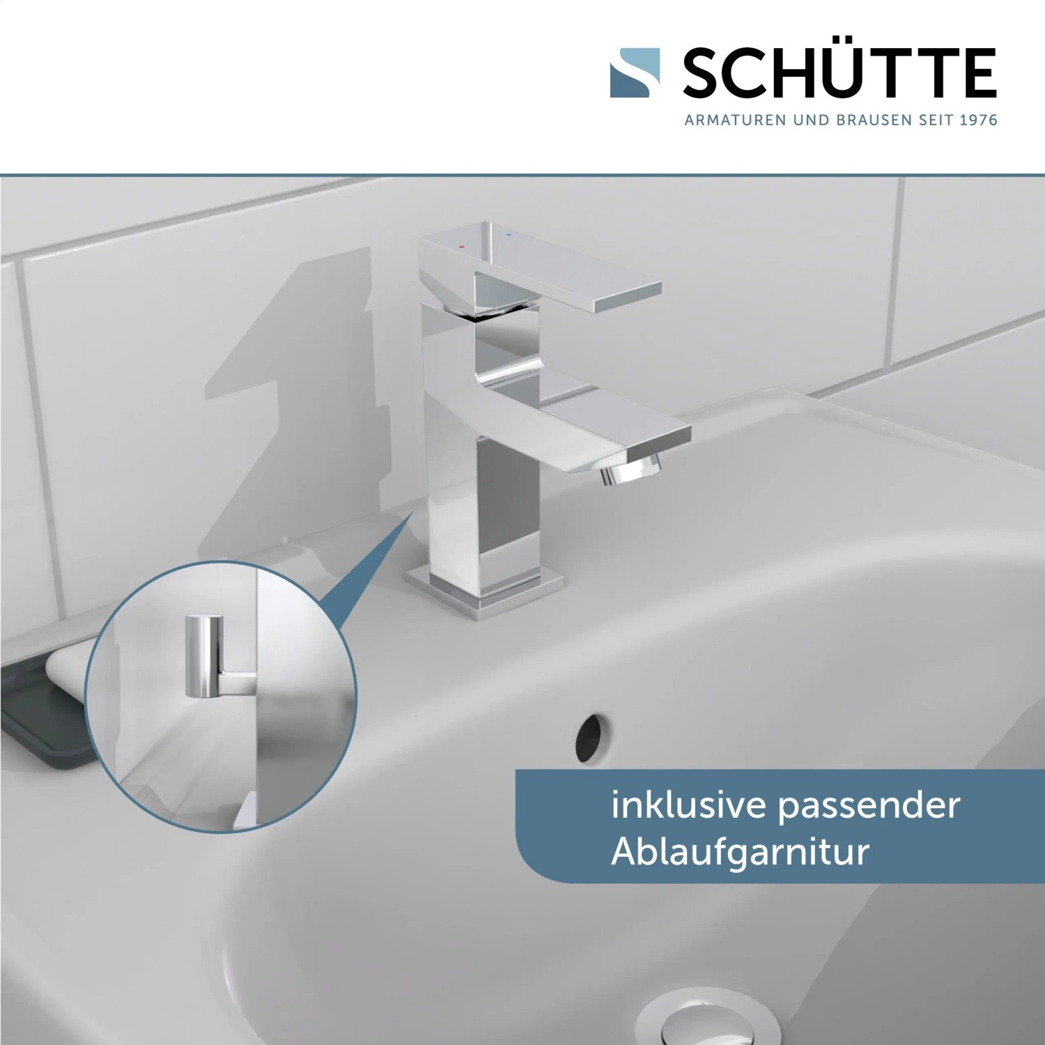 Schütte Waschtischarmatur Tokyo II Chrom auf Waschbecken mit Ablaufgarnitur.