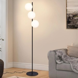 Schwarze 3-flammige Stehlampe mit runden, milchig-weißen Glasschirmen im modernen Vintage-Stil für Wohnzimmer.